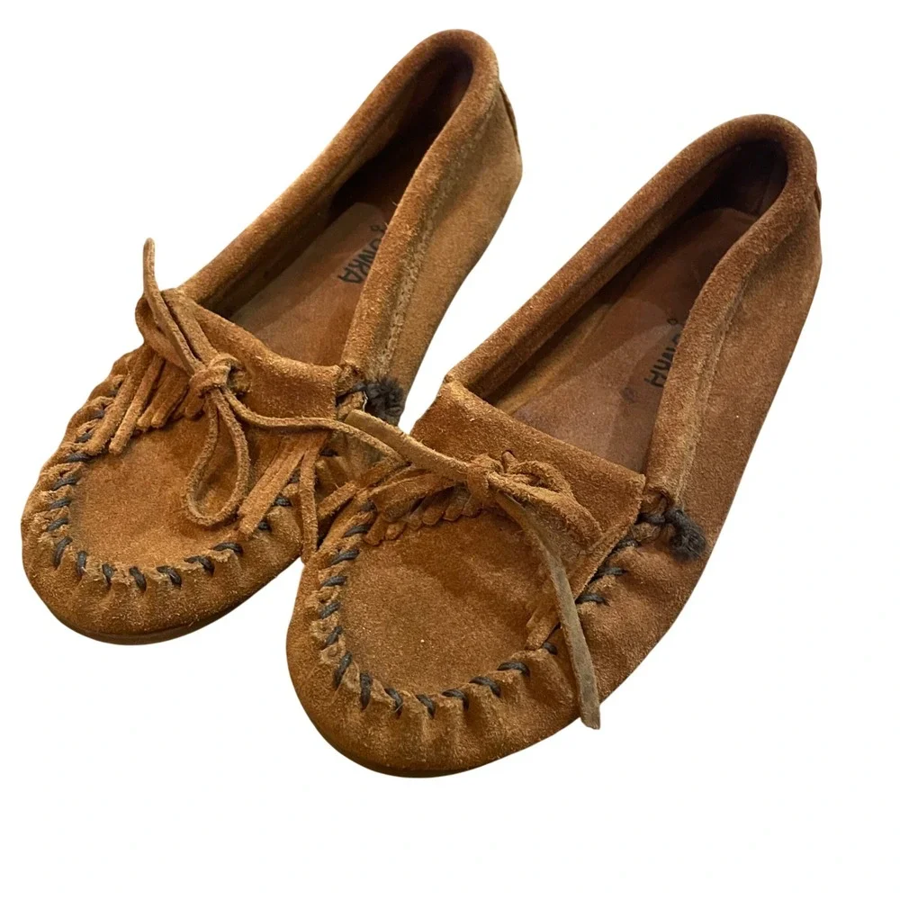 Minnetonka Moccasin Kids Brown Suede Fringe Kilty Slip On Flat 2402 Size 3